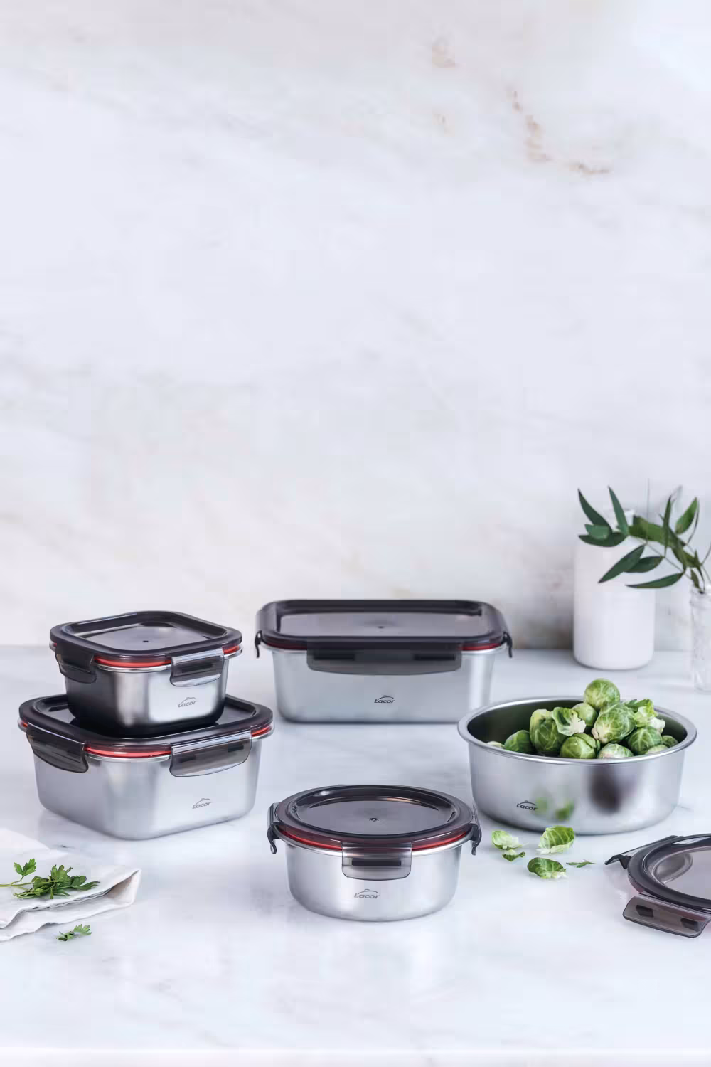 Lacor Ecoinox quadratische Edelstahldose, luftdichtes Vorratsdosen Set mit Deckel