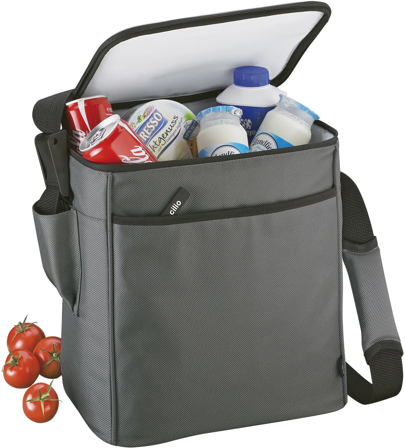 cilio Isoliertasche Dolomiti silber mit Getränken und Tomaten