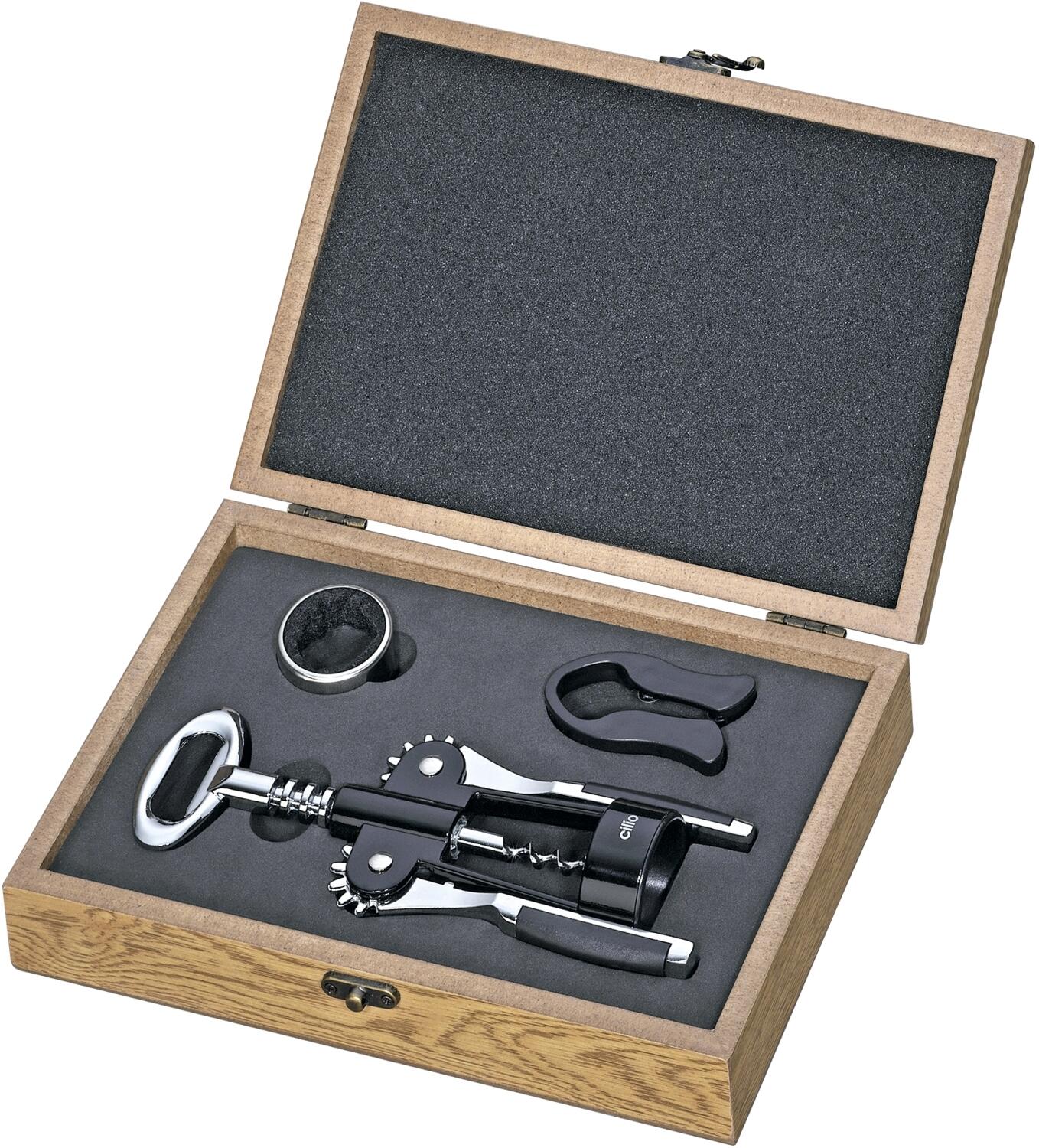 cilio Wein-Set Toscana 3-teilig im Holzkoffer mit Korkenzieher