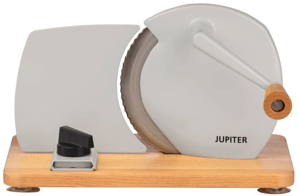 Jupiter Retro Hand-Allesschneider hellgrau mit Holzplatte und Kurbel