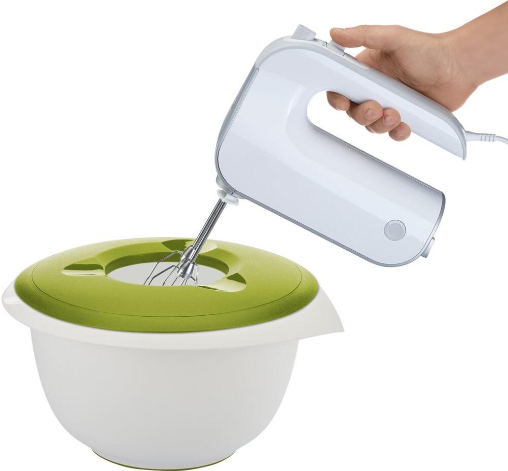 Westmark Rührschüssel apfelgrün mit zweigeteiltem Deckel und Handmixer