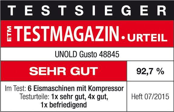 Unold Eismaschine Gusto Testsieger ETM Testmagazin Urteil sehr gut 92,7%