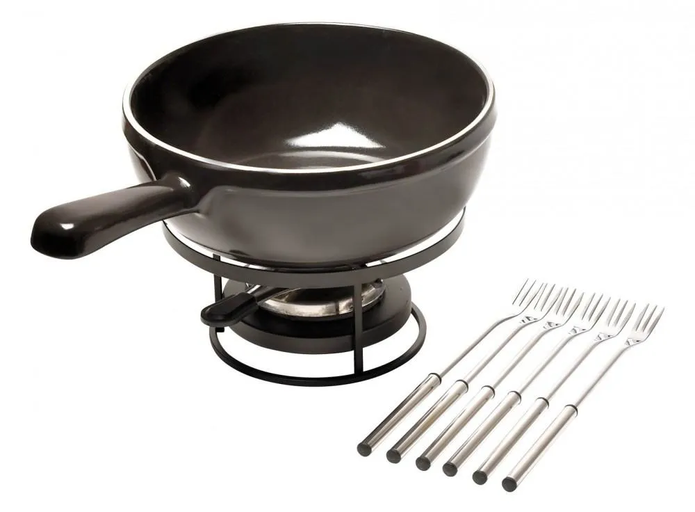 Emile Henry Käsefondue-Set fusain mit Rechaud und Gabeln
