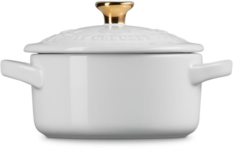Le Creuset Mini Cocotte Holly weiß mit goldenem Deckelknauf