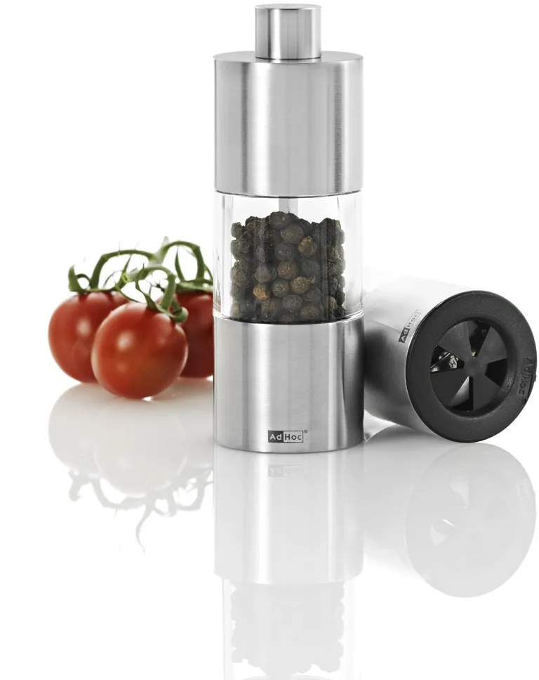 AdHoc Pfeffer-/Salzmühle Classic Edelstahl mit Pfefferkörnern und Tomaten