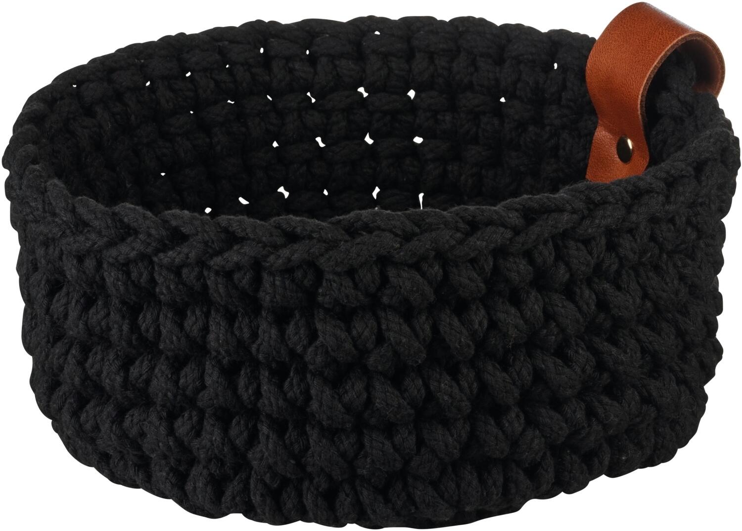 ASA Häkelkorb S schwarz matt, runder Aufbewahrungskorb mit Ledergriff