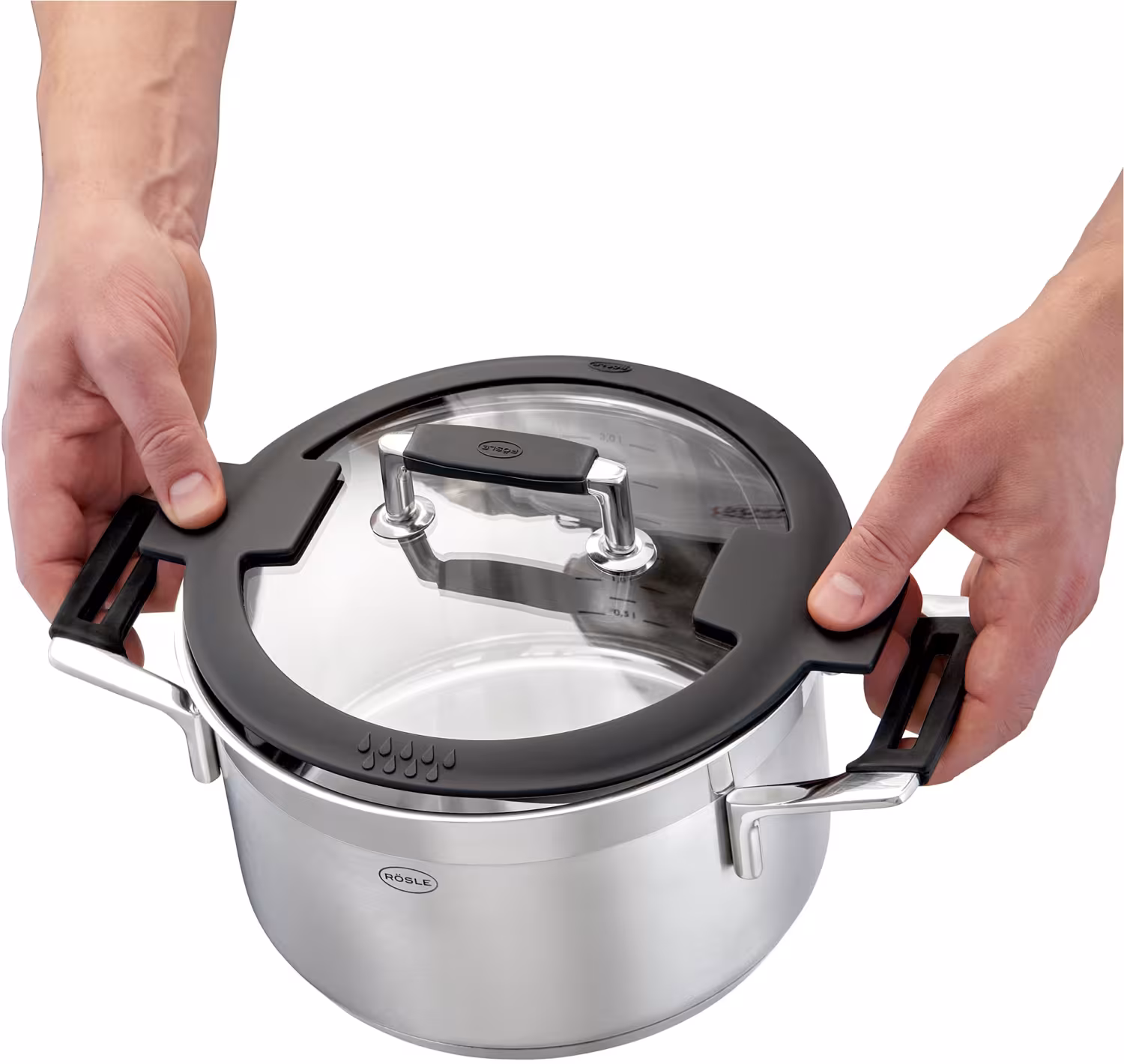 Rösle Kochtopf Silence PRO mit Glasdeckel und Silikongriffen