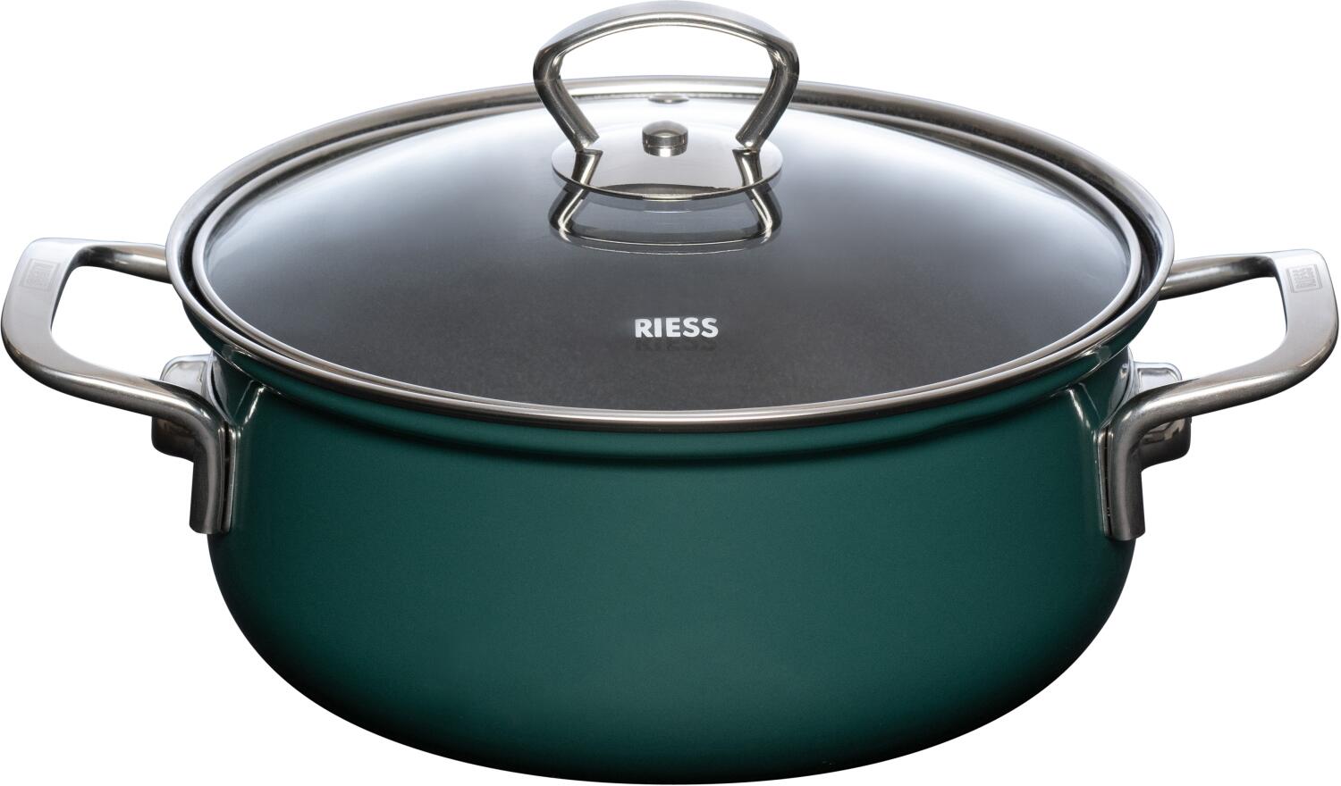 Riess Emaille Kasserolle teal mit Glasdeckel und Griffen