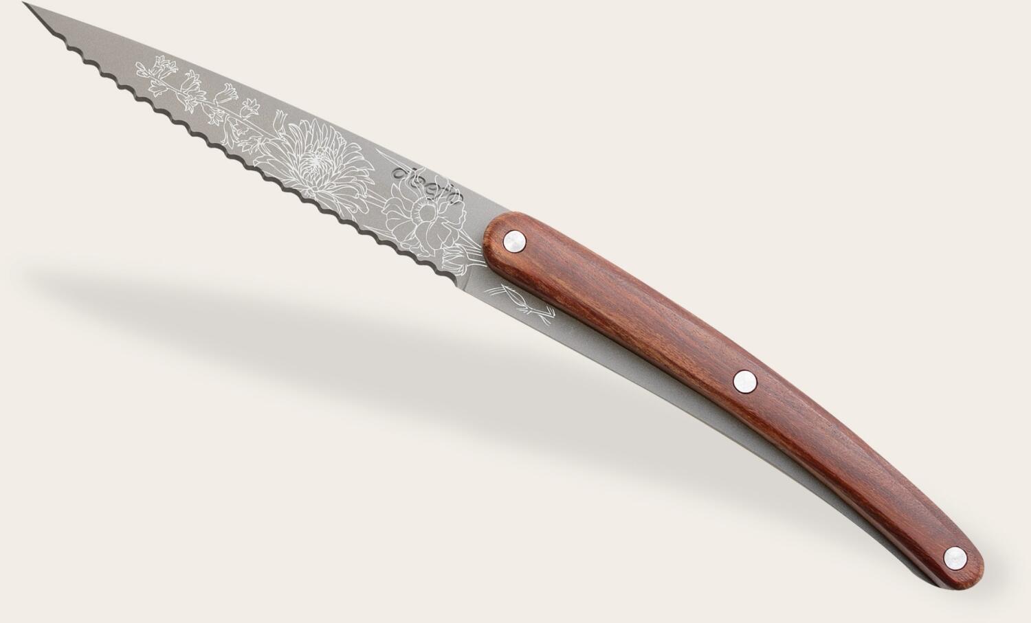 deejo Brotzeitmesser-Set Blossom mit Holzgriff und Wellenschliffmesser
