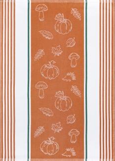 Kracht Jacquard-Küchentuch herbstlich rot mit Kürbis- und Pilzmotiven aus Halbleinen