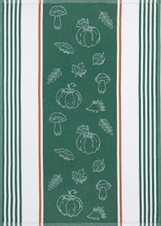 Kracht Jacquard-Küchentuch HERBSTLICH grün Halbleinen mit Kürbis-Motiven