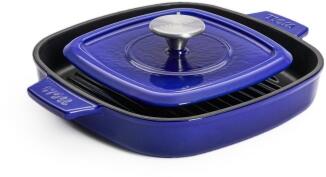 Woll Guss-Grillpfanne Iron mit Rillen und Steakpresse, Cobalt Blue