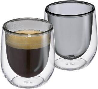 cilio Espresso-Glas VERONA grau doppelwandig mit Espresso gefüllt