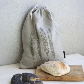 Frohstoff Brotbeutel Leinen mit Ährenmotiv in olivgold mit Brot