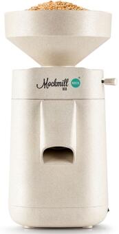 Grainlovers Mockmill 100 Getreidemühle mit Trichter und Getreidekörnern