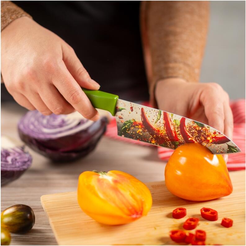 Kuhn Rikon COLORI+ Rüst- & Santokumesser Set Hot & Spicy 2 Stk. Schneiden von Paprika und Chili