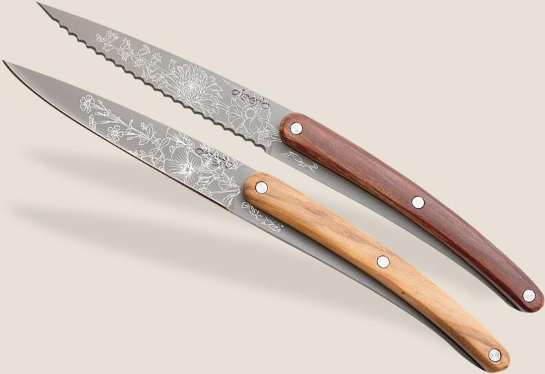 deejo Brotzeitmesser-Set Blossom Olivenholz Korallenholz mit Gravur